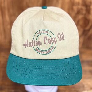 Vintage Hatton Coop Oil Hat Snapback USA Made Beige Green Patch Trucker Cap Farm